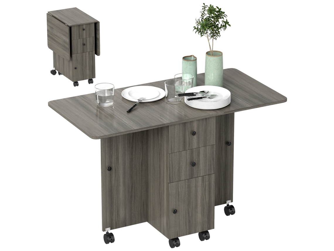 Mesa de cocina plegable, mesa de comedor plegable con 2 tableros plegables, 2 cajones y 1 armario, color gris.