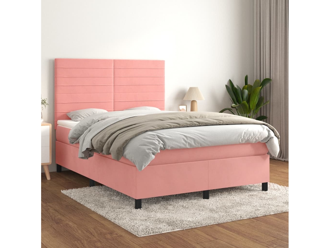 Cama Box Spring Con Colchón Terciopelo Rosa 140x190 Cm