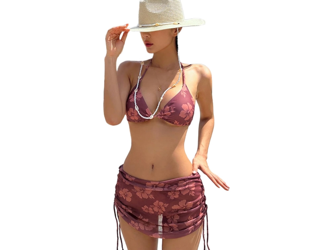 Traje de baño de dos piezas para mujer con estampado floral y falda de playa triangular - SFUSHOS