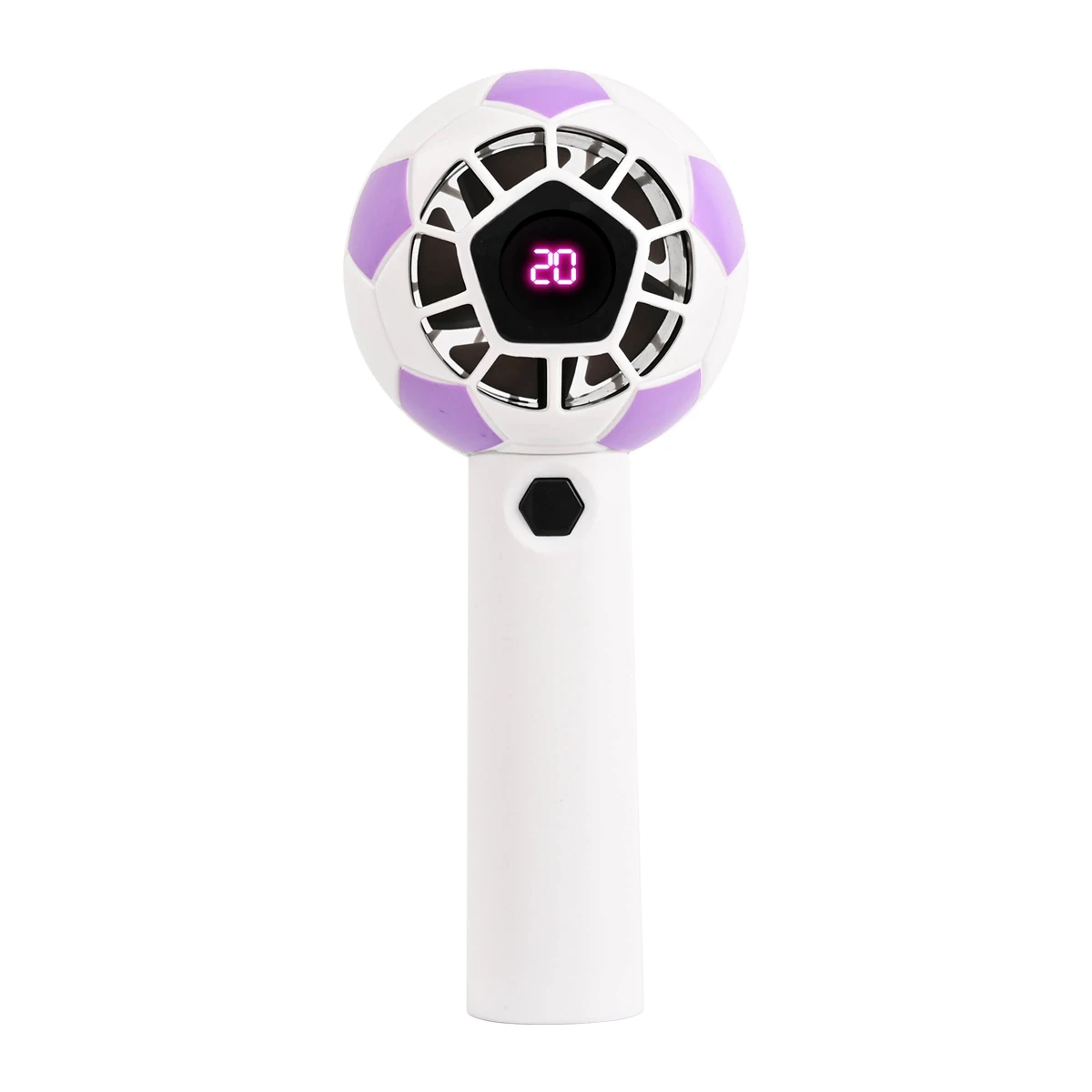 Ventilador De Mano (morado) Con Forma De Balón De Fútbol, Pantalla Digital, 5 Velocidades Ajustables Y Carga Usb.