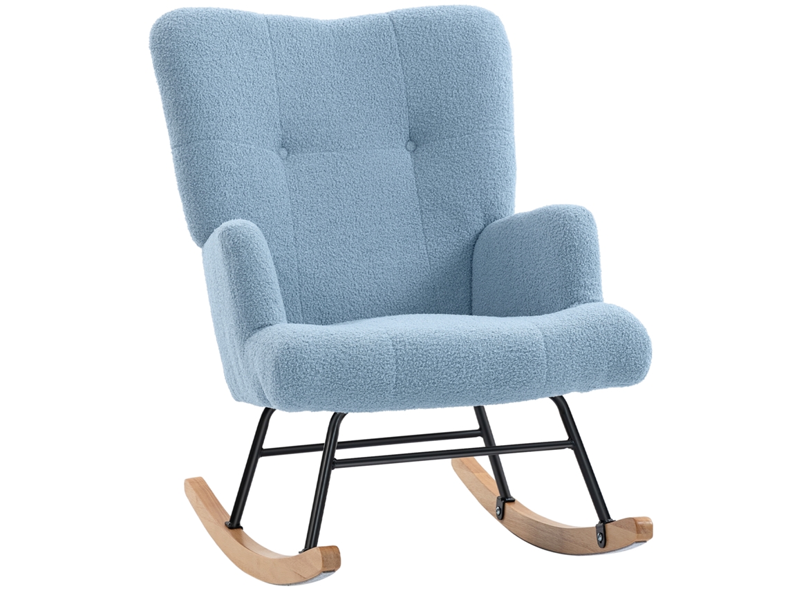 Mecedora Teddy De Terciopelo Con Respaldo Alto Y Madera Azul Claro.