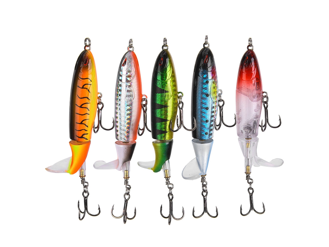 5 Señuelos Artificiales De Plástico Coloridos Con Anzuelos Para Pesca En El Mar, Ojos 3d Y Hélice Duradera.
