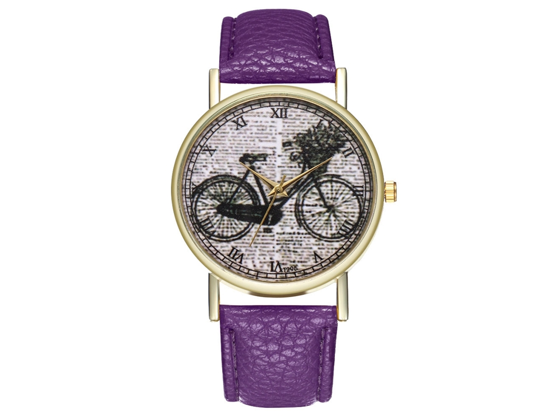 Reloj Casual De Moda Unisex Bicicleta Cuarzo Con Correa De Cuero Morado
