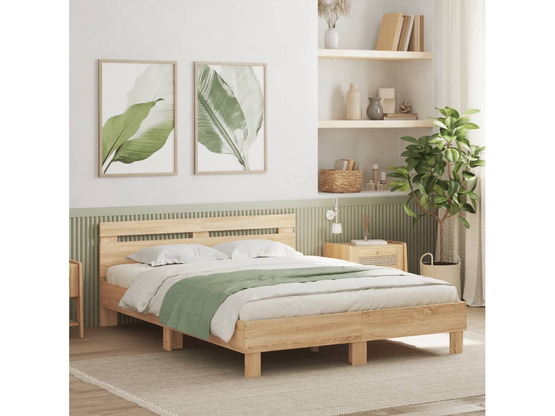 Estructura De Cama Cabecero Y Luces Led Roble Sonoma 150x200 Cm
