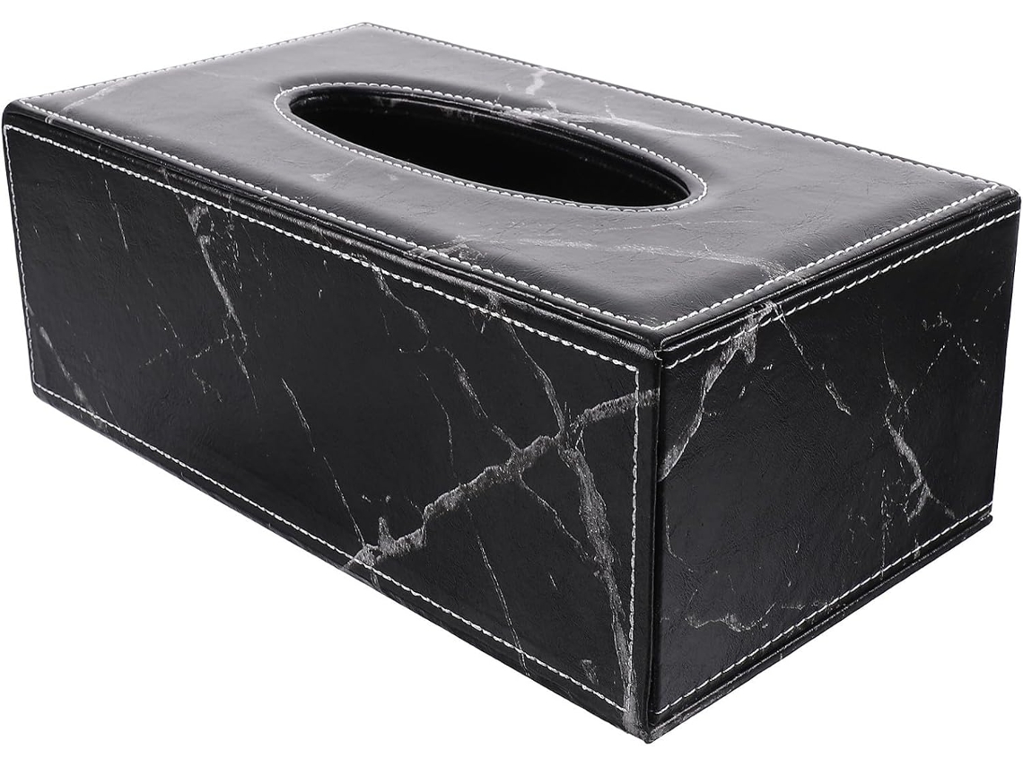 Caja Grande Para Pañuelos De Piel Sintética Negra Y Dorada Con Efecto Mármol.