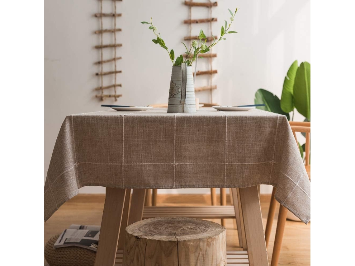 KOFIHETY Mantel de Algodón y Lino para Mesas Cuadradas, con Bordado de Cuadrícula Sólida, para Decoración de Cocina y Comedor (135x135 cm, Caqui)