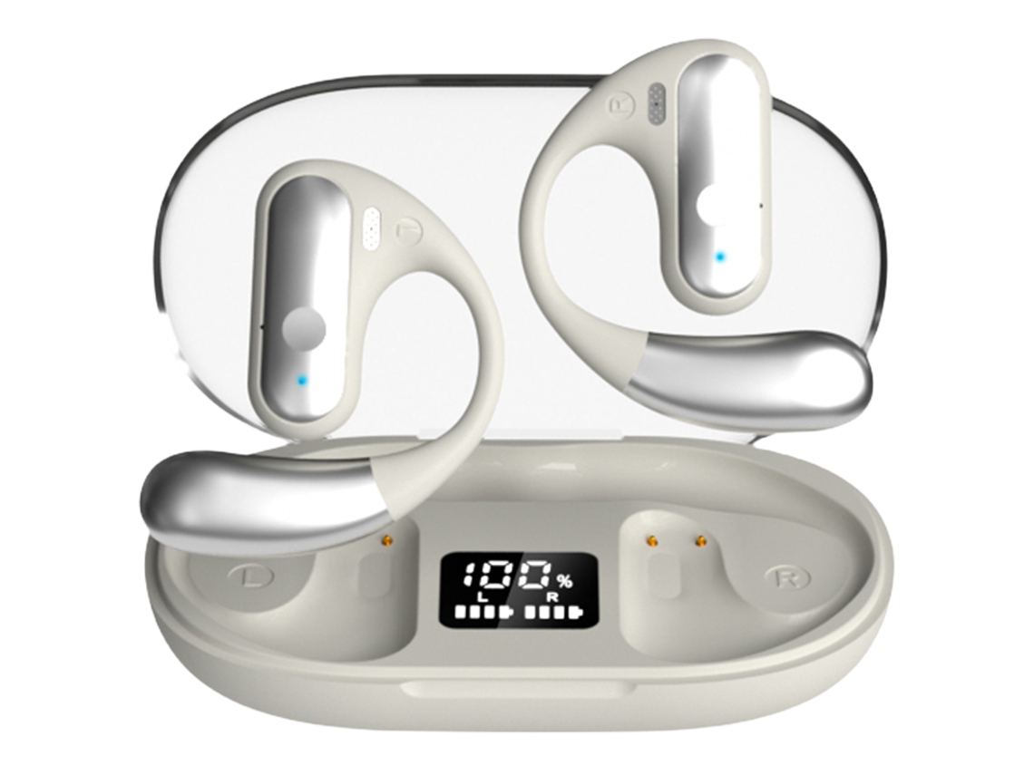 Auriculares abiertos con micrófono, pantalla LED y carga rápida USB-C. (blanco)