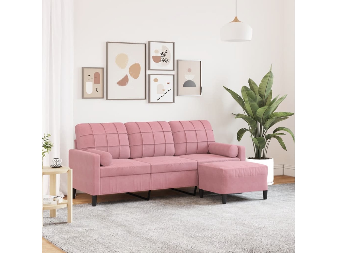 Sofá De 3 Plazas | Sofá De Salón | Sofá De Descanso Con Taburete De Terciopelo Rosa180 Cm