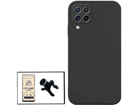 Kit Cristal Templado CeramicGlass Full Cover, Funda Silicona y Soporte Magnético de Coche Reforzado Samsung Galaxy M22 PHONECARE Negro