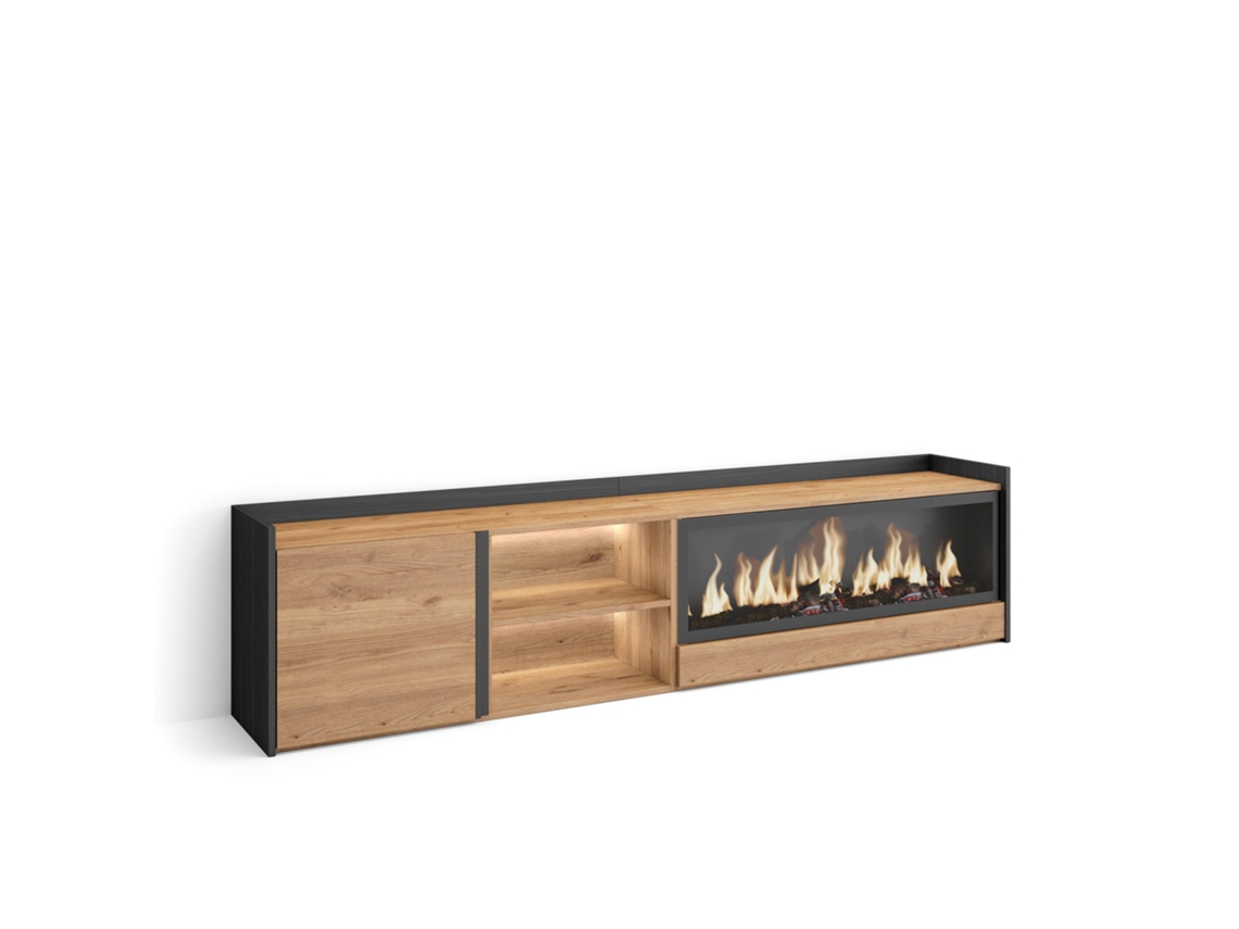 Mueble Tv, Televisión, 212x35x50cm, Para Tv Hasta 80", Chimenea Eléctrica Xxl, Led, Roble Y Negro