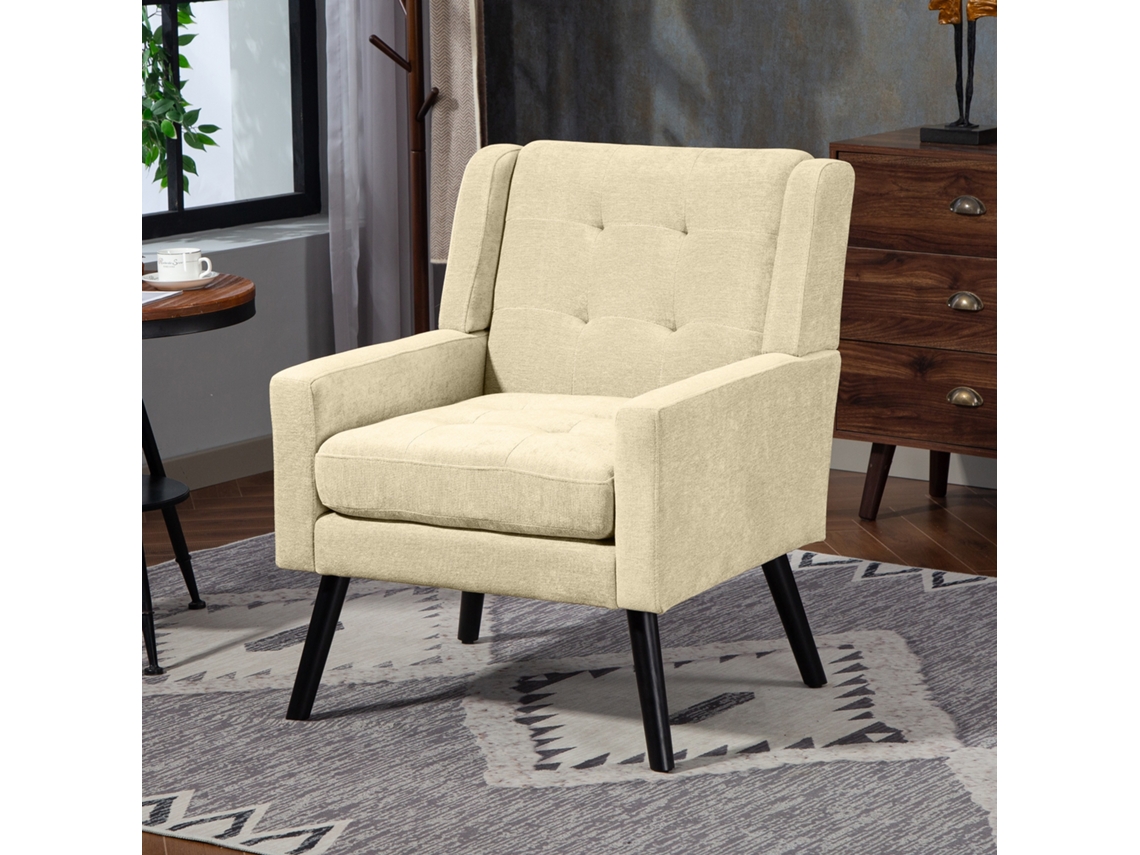 Sillón mediano - Estilo de mediados de siglo, cojín grueso, patas de madera - Beige