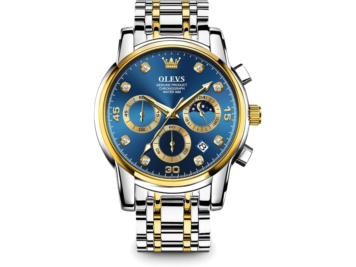 Reloj luminoso impermeable multifuncional de acero inoxidable con esfera grande para hombre con fase lunar y esfera de diamante azul