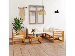 7 Piezas Conjunto Lounge Jardim C/ Almofadões Acácia Maciça Creme Dkd Decoración Del Hogar