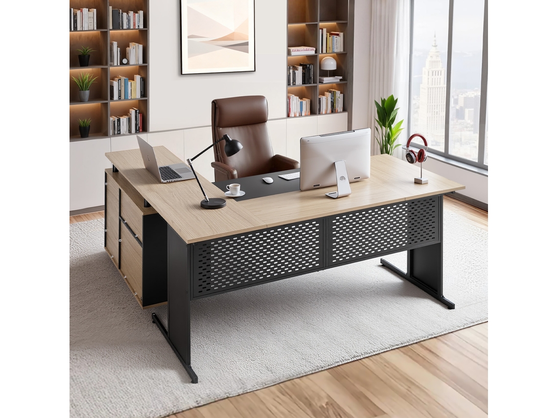 Escritorio ejecutivo en forma de L de hierro y madera, reversible, Vevor