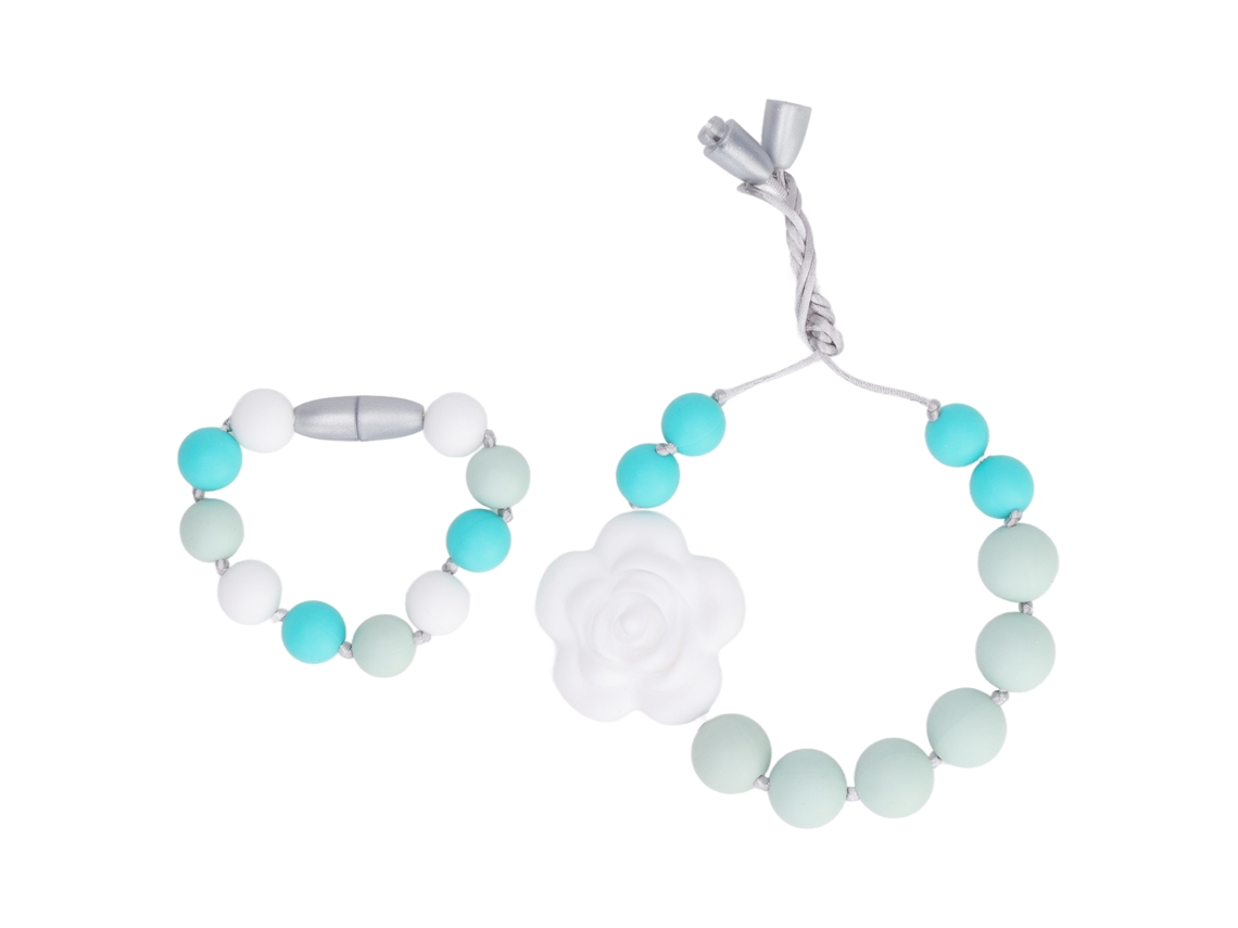 Collar Y Pulsera De Silicona Para La Dentición Con Colgante De Rosa Bebé Verde Claro.