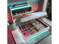 Cama Tapizada Moderna De 140x200cm Con Led, Usb, Bolsillos Laterales, Somier De Láminas Y Resorte De Gas.