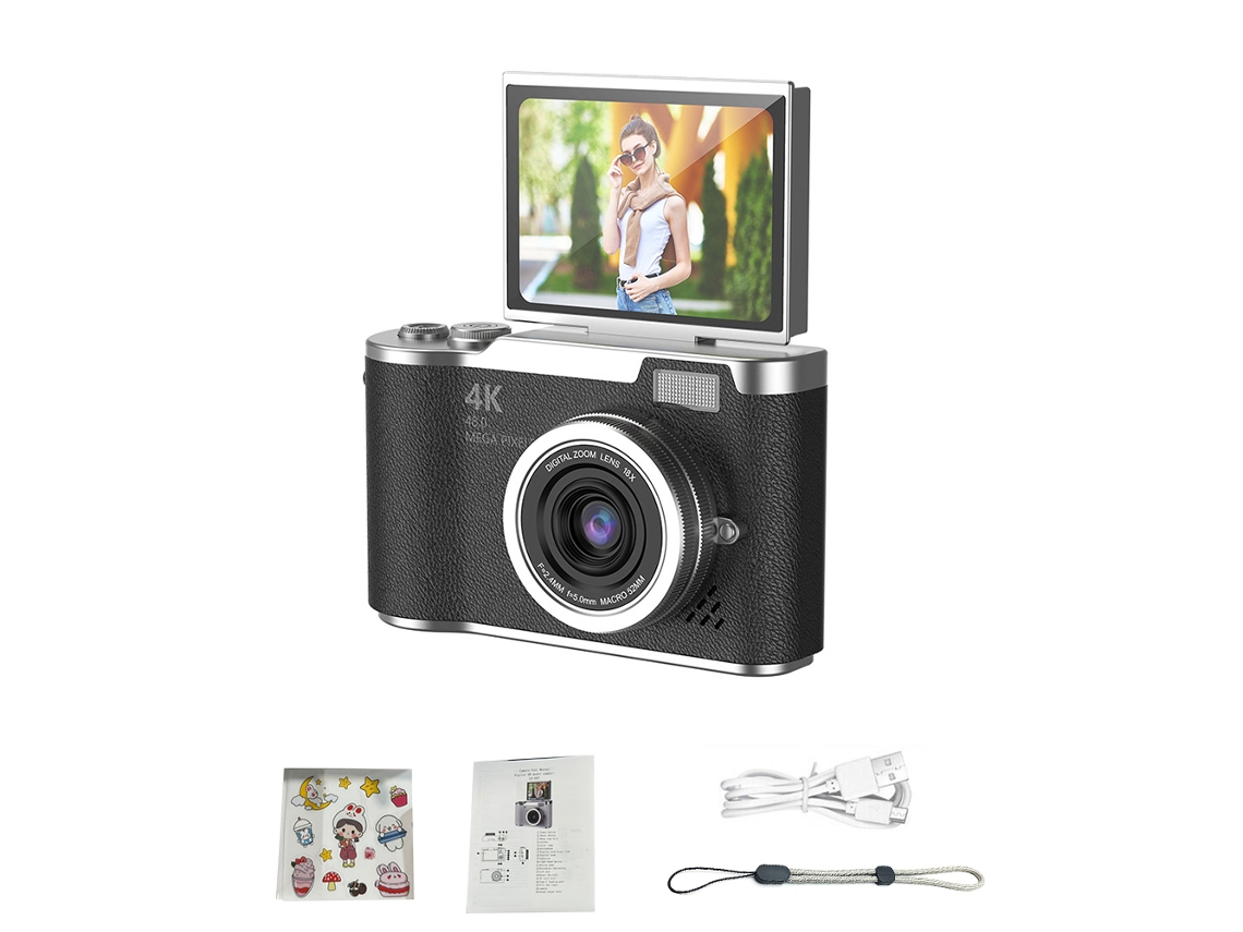 (negro - 64 Gb) Cámara Digital 4k - 48 Mp - Cámara Para Niños - Enfoque Automático - Pantalla De 2,4 Pulgadas - Abatible 180°