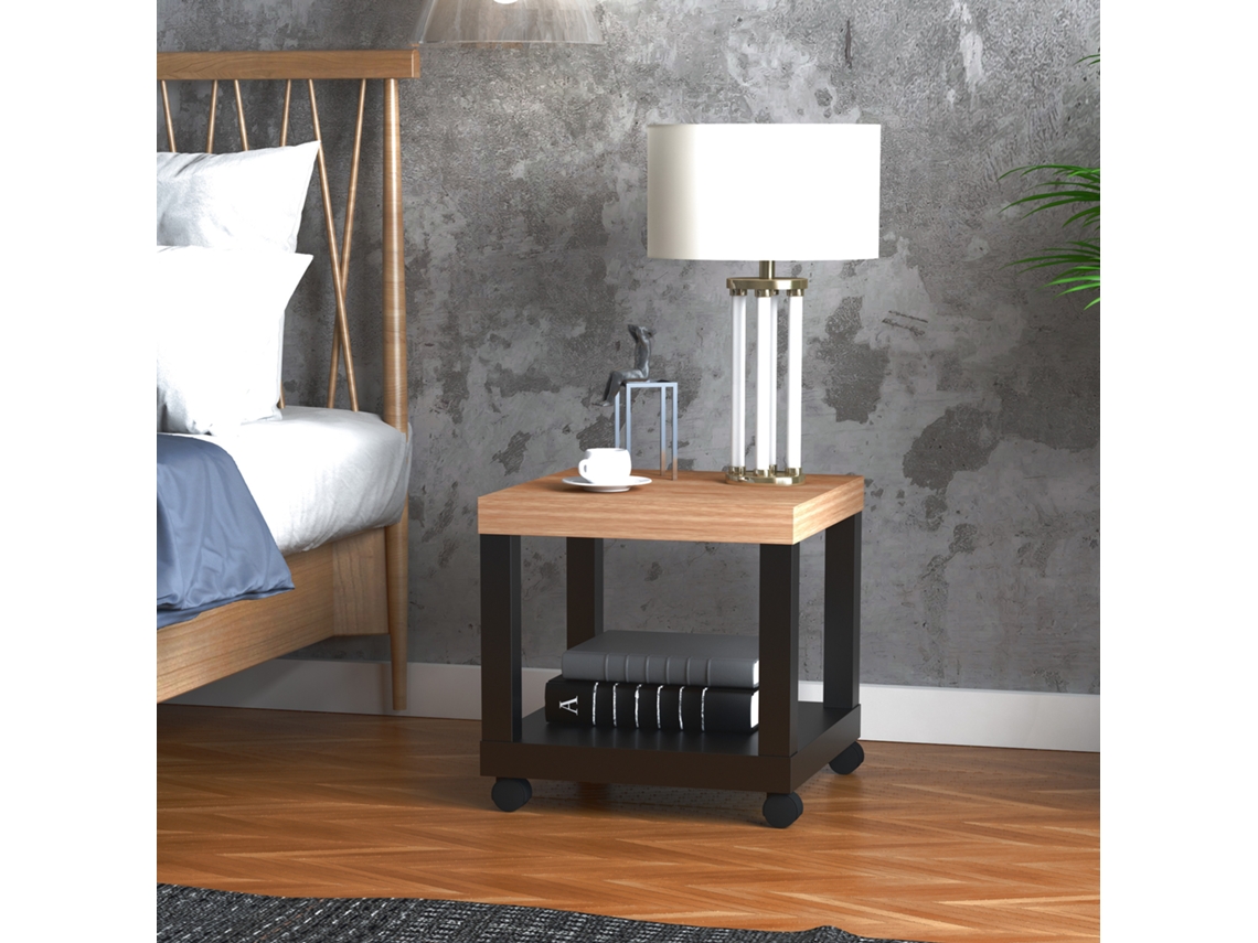 Mesa auxiliar con ruedas y estante abierto, para sofá/sala de estar/dormitorio, 40x40x40cm, color natural y negro.