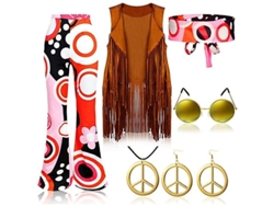 Fasst-traje Hippie Retro 70s Con Chaleco De Flecos, Pantalones Y Bufanda Para Fiesta Disco