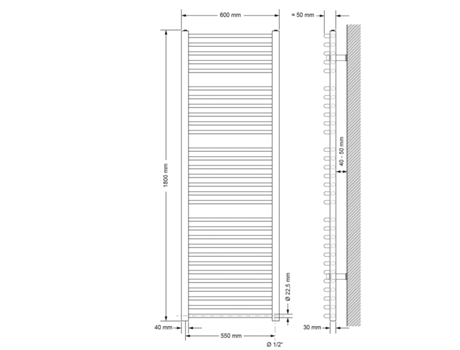 Radiador eléctrico de baño con elemento calefactor 900W 600x1800 mm antracita curvo con conexión lateral LUXEBATH