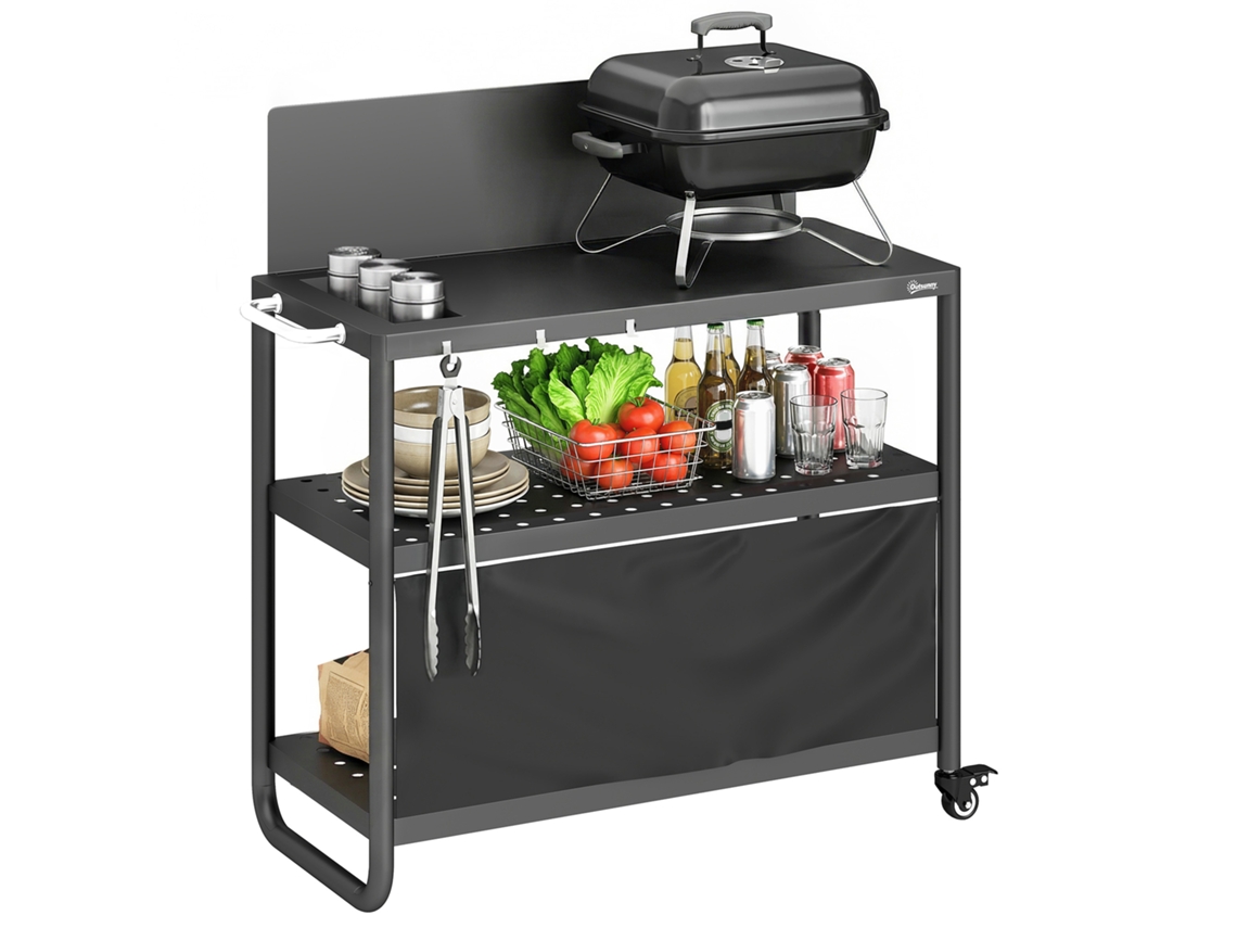 Carro móvil para barbacoa con parabrisas, 3 niveles, cortina Oxford, 100x46x110cm, negro. PMM CAPITALI