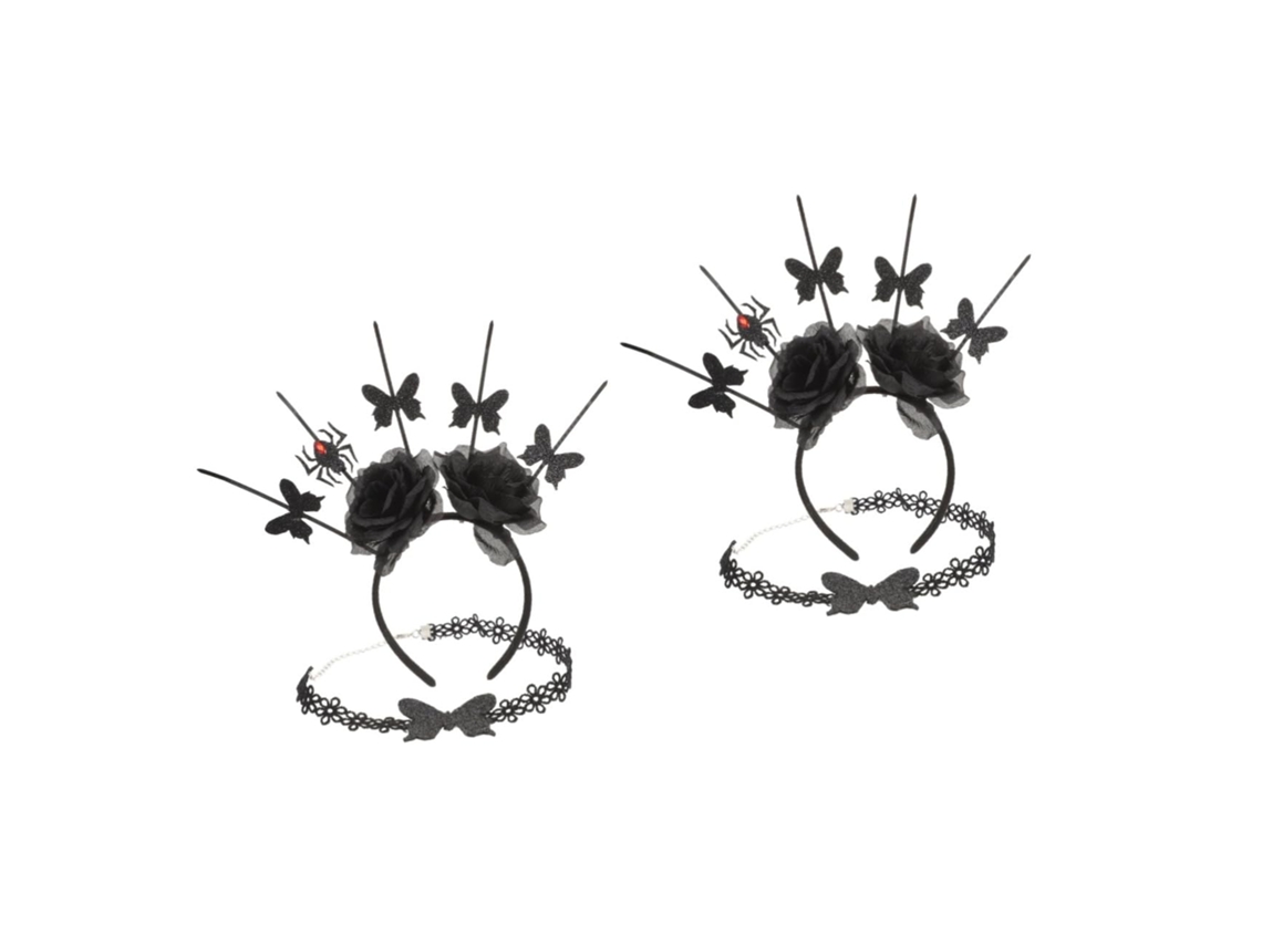 Conjunto De 2 Tocados De Estilo Gótico Con Correa Para El Cuello Y Flor Rosa Para Disfraces De Halloween Y