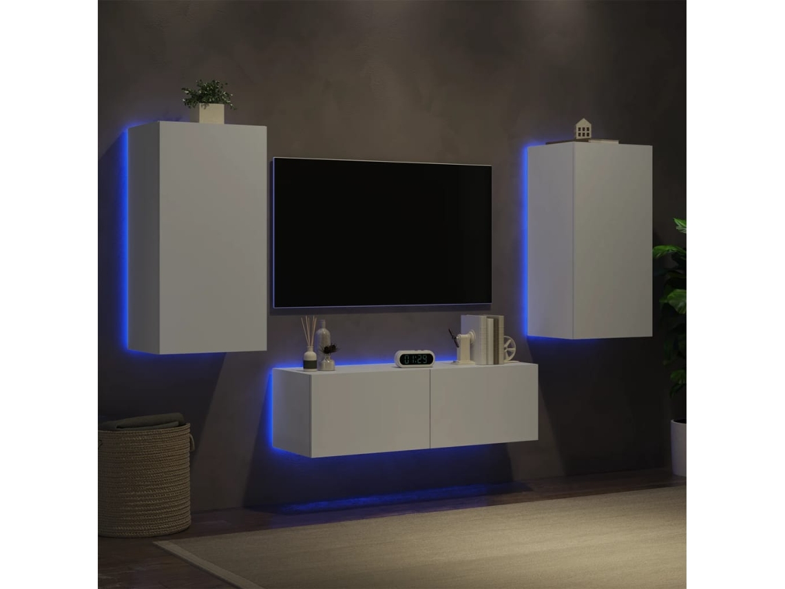 Muebles De Tv De Pared Con Luces Led 3 Uds | Armario Para Tv | Gabinete De Tv Blanco