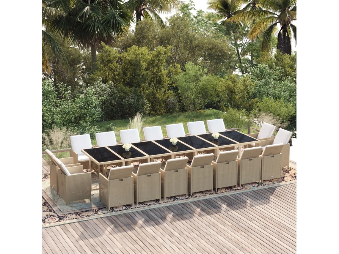 19 Pcs Conjunto de Comedor para Jardín con Almohadones en Mimbre PE en Beige