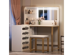 Tocador Esquinero En Forma De L Con Espejo, Espacio De Almacenamiento Y Estantes, Mesa De Maquillaje Que Ahorra Espacio, 120x80x135 Cm, Blanco