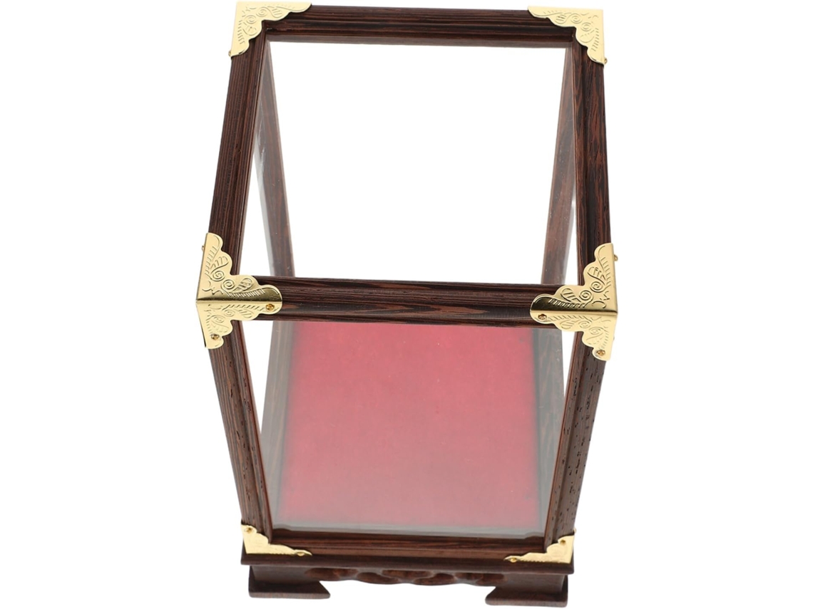 Vitrina Protectora Transparente Con Base De Madera Roja, Dimensiones 12x12x17 Cm, Tapa De Cristal Transparente.
