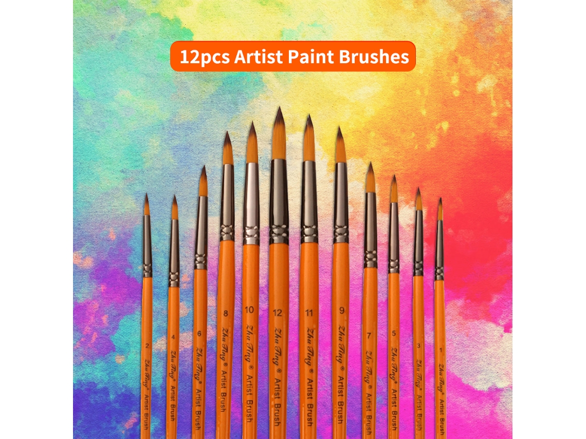 12 Pinceles Profesionales De Punta Redonda Para Acrílico, Acuarela, Óleo Y Gouache.