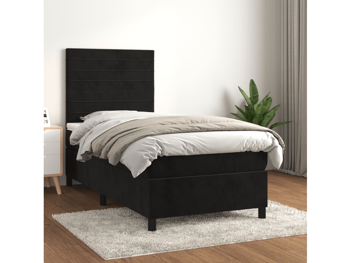 Cama Box Spring Con Colchón Terciopelo Negro 90x200 Cm