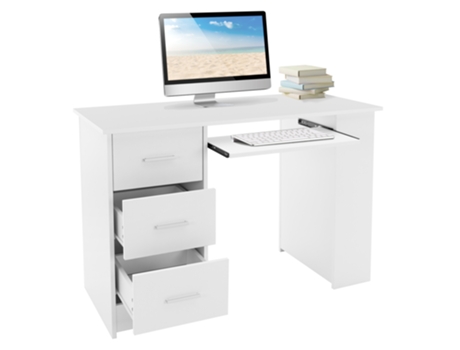Escritorio Con Tres Cajones Tres Estantes Y Cajón para Teclado 110X49X75 cm Madera Blanca ML-DESIGN