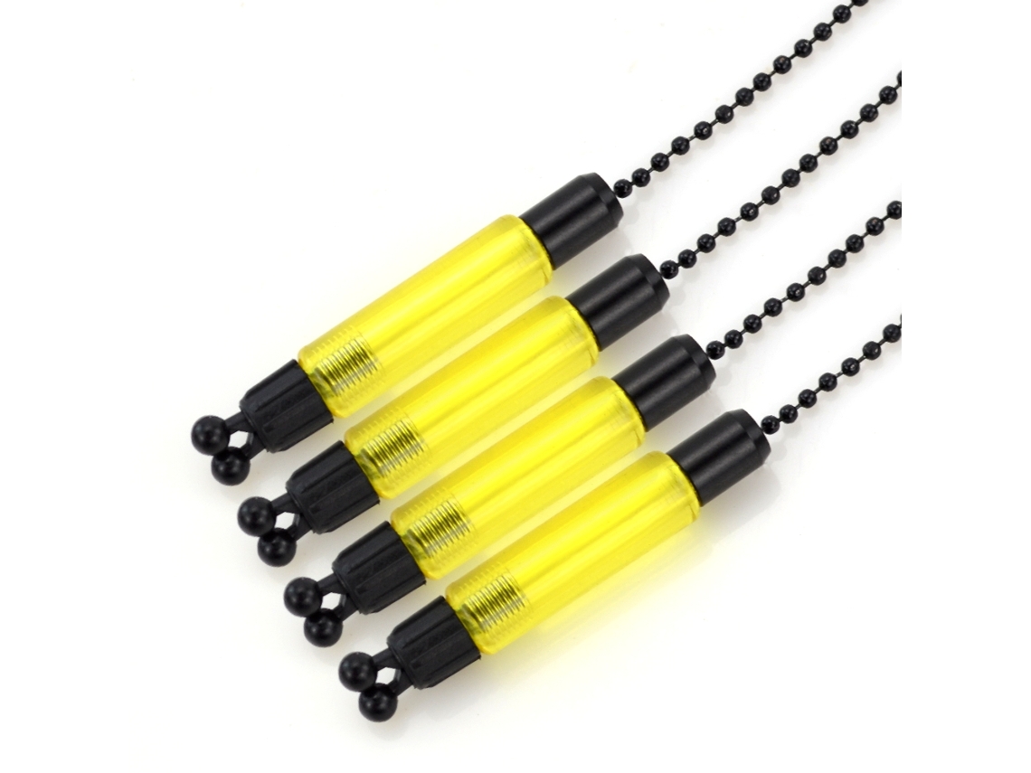 Cuatro péndulos para cebo de carpas MDUG, de color amarillo, con indicadores de alarma.