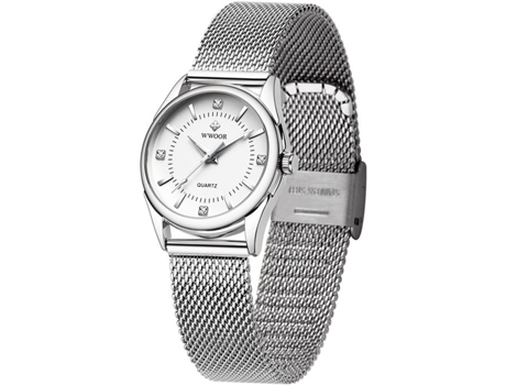 VEANXIN Relojes de pulsera impermeables con correa de malla de acero inoxidable para mujer-Malla blanca