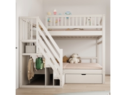 Litera de madera maciza de 140 x 200 cm con pasamanos alto, estructura de láminas, escalera con espacio de almacenaje y cajones, color blanco.