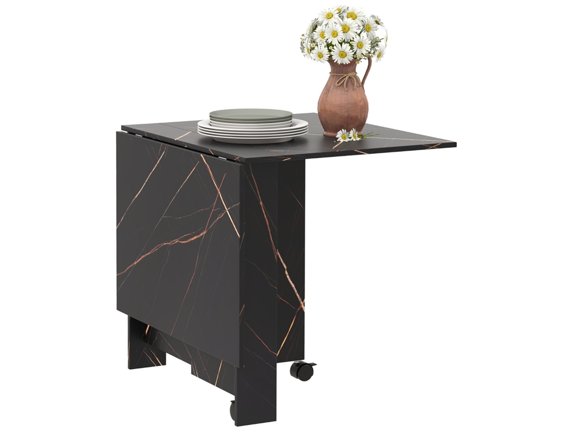 Mesa De Comedor Plegable Con Ruedas Y Paneles Abatibles, Efecto Mármol, Para 6 Personas, Color Negro, 120x80x73 Cm.
