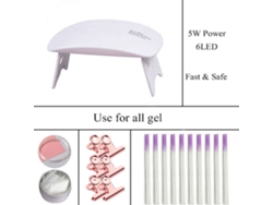 Kit de extensión de uñas con lámpara UV, pegamento, moldes de fibra y piedras decorativas para manicura.