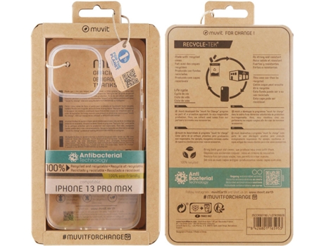 Funda iPhone 13 Pro Max MUVIT Recicletek Antibacteriana Transparente