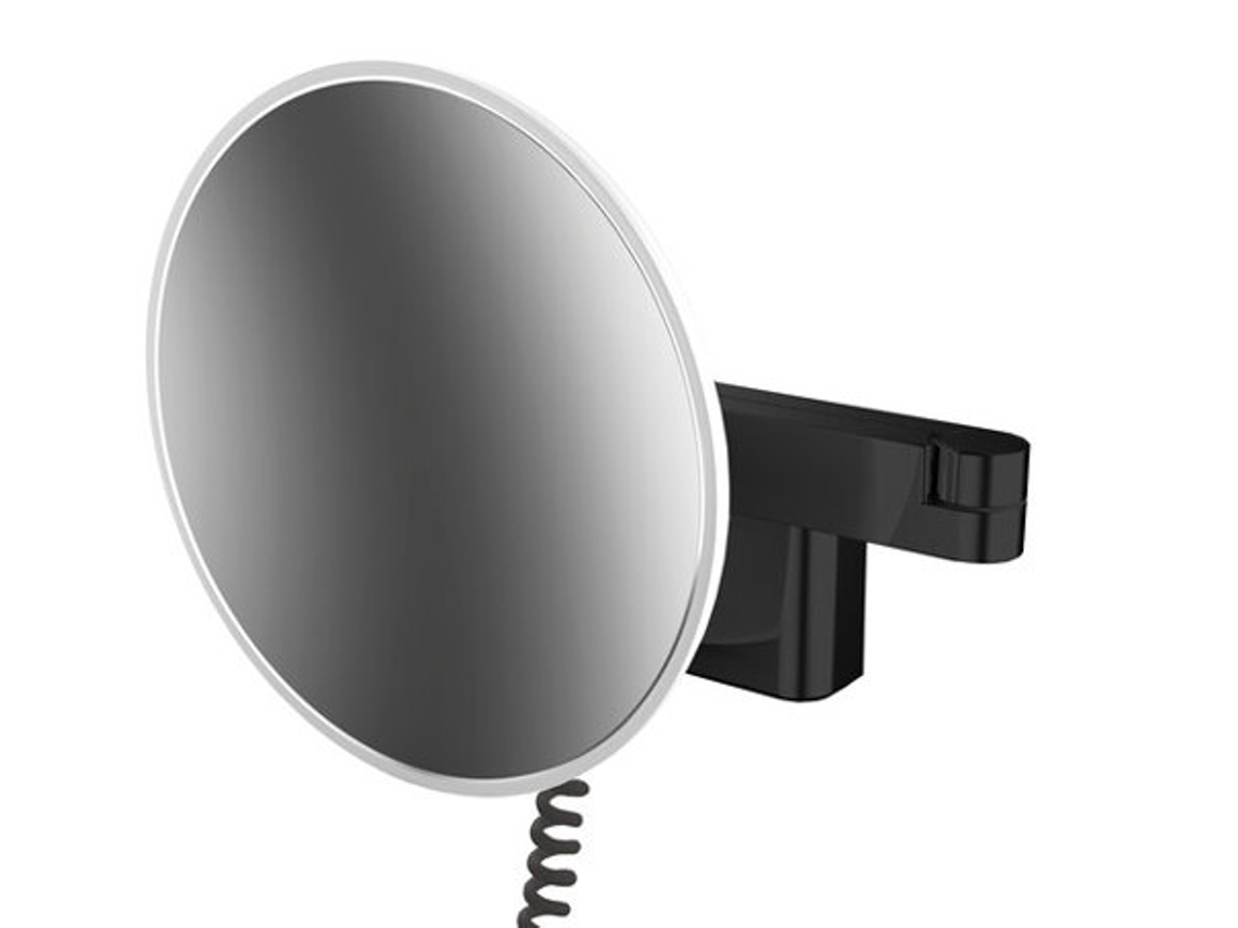Espejo de afeitado y maquillaje EMCO LED, modelo de pared, brazo de doble articulación, 5 aumentos, redondo, cable en espiral y enchufe
