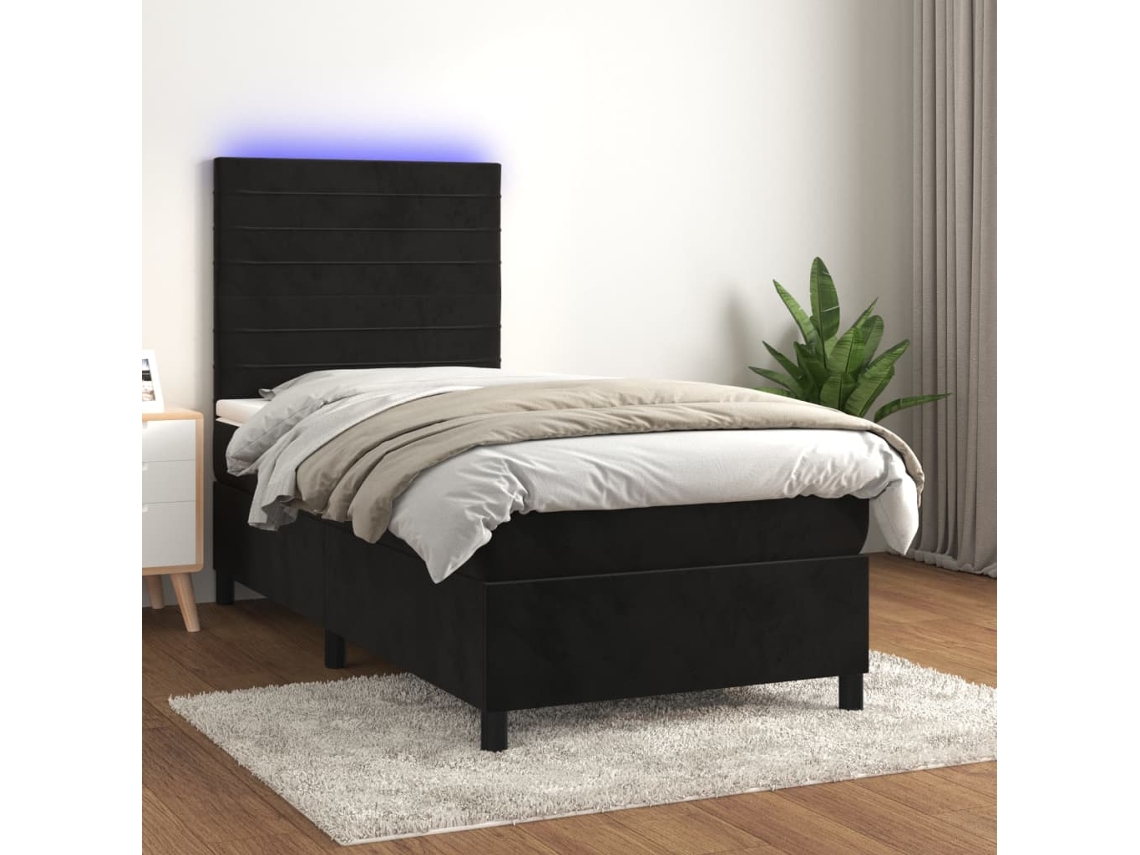 Cama Box Spring Colchón Y Led Terciopelo Negro 90x200 Cm