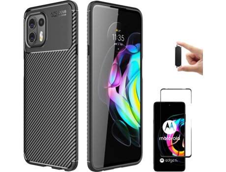 Funda + Protector + Soporte Motorola Edge 20 Lite Rugged Carbon Negro