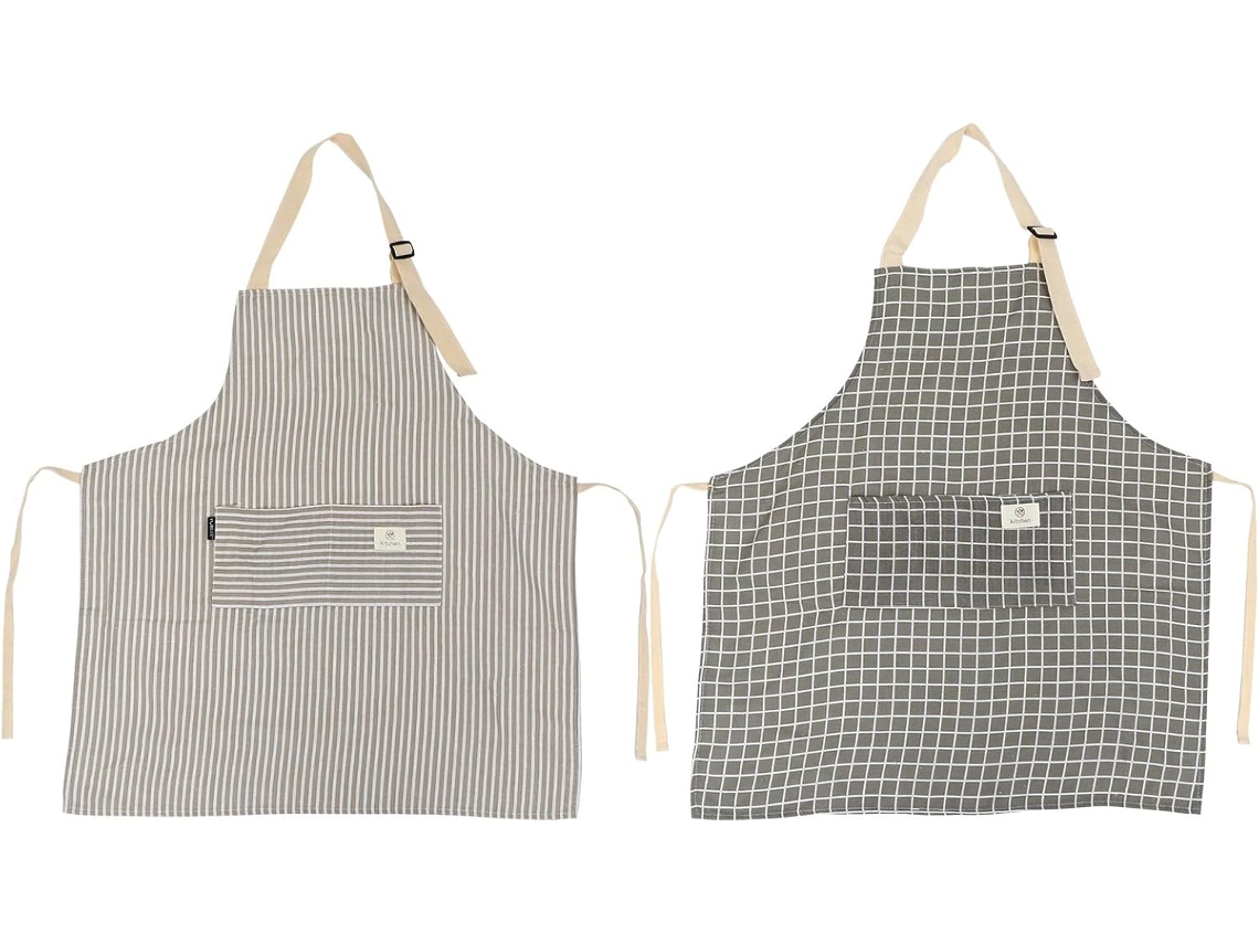 Juego De 2 Delantales De Cocina De Lino A Rayas, Color Gris.
