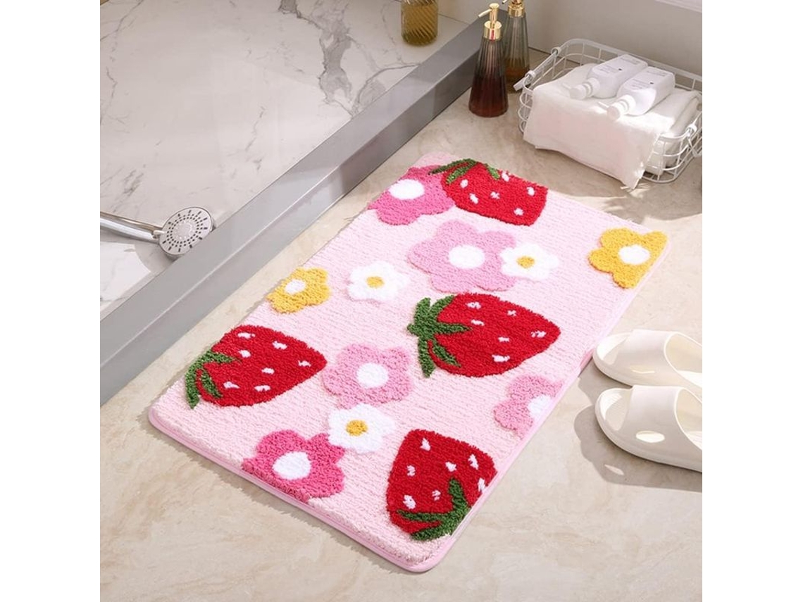 Alfombrilla De Baño Suave Y Cómoda Con Diseño De Fresa, Lavable Y Antideslizante, Color Rosa, 24x35 Pulgadas.
