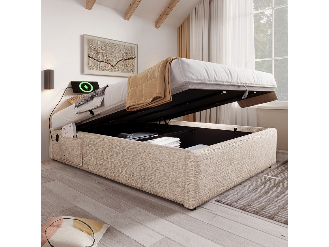 Base de cama USB-C tapizada en lino beige GUTENT (140 x 200 cm)