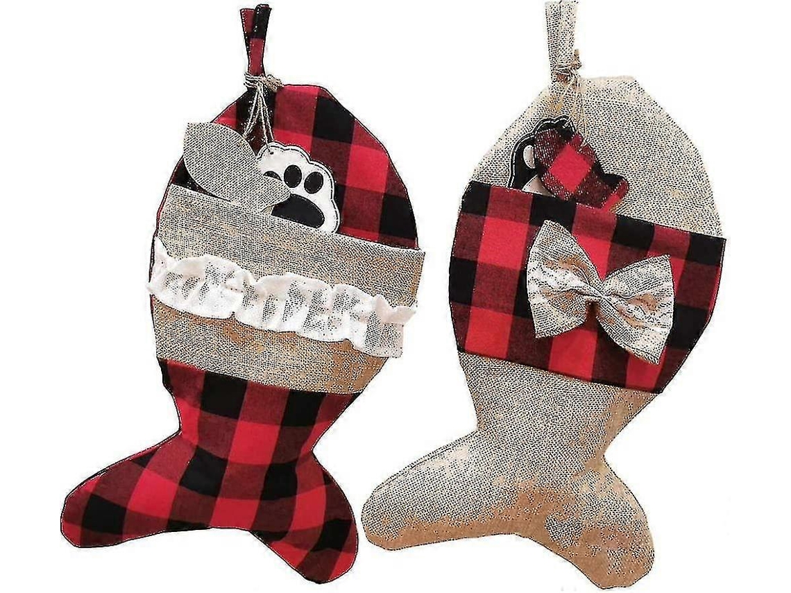 Juego de 4 calcetines navideños para mascotas de yute a cuadros. Hengjian
