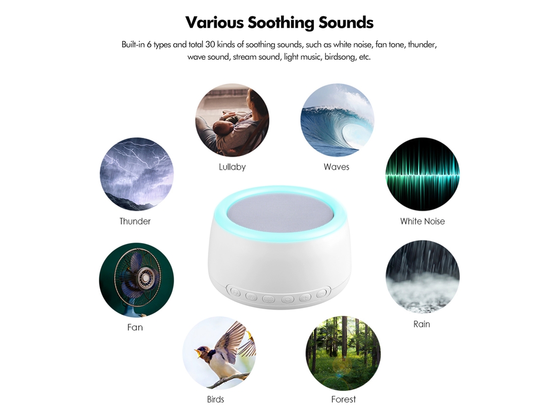 Máquina De Ruido Blanco Recargable Con 30 Sonidos, Luz Nocturna Y Control Táctil Para Bebés, Adultos Y Para Dormir Durante Los Viajes.