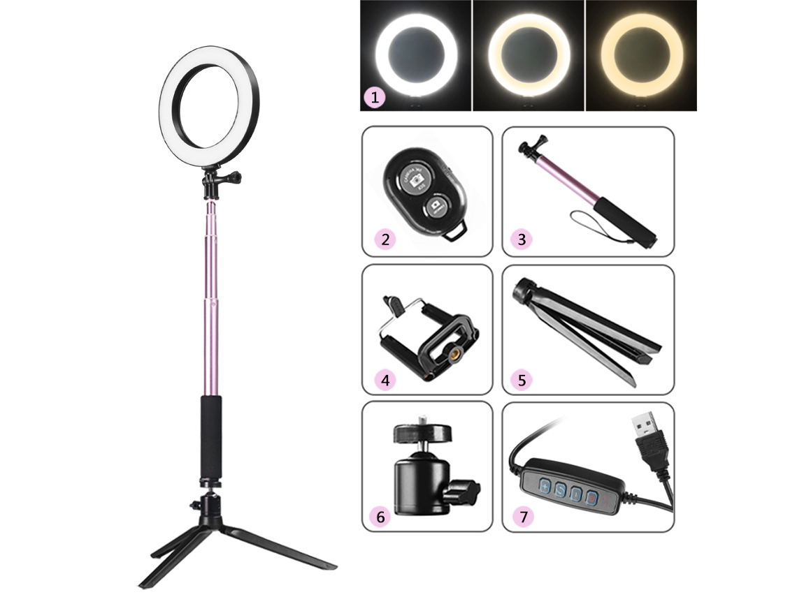 2026-luz Anular Led 64 Leds 5w Dc5v Regulable Con Trípode Telescópico, Soporte Celular Y Control Remoto Bt Usb