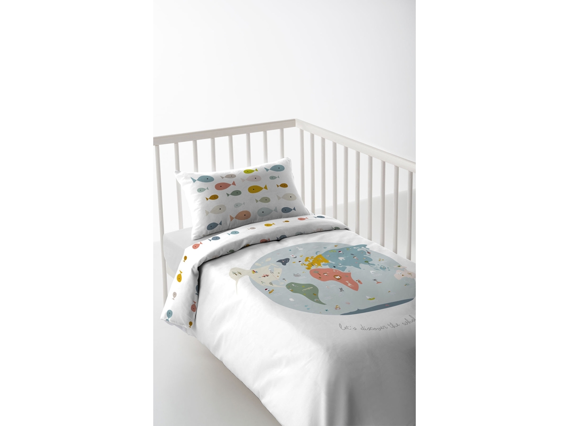 FUNDA NORDICA REVERSIBLE INFANTIL CUNA 60 EXTRA SUAVE FABRICADO EN ESPAÑA MAPA MUNDI HACIENDO EL INDIO