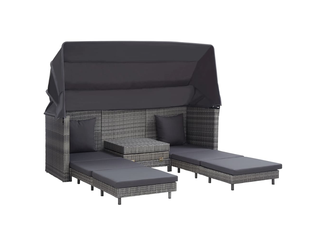 Tumbona extensible Maison Exclusive de 3 plazas con toldo de mimbre y patas grises